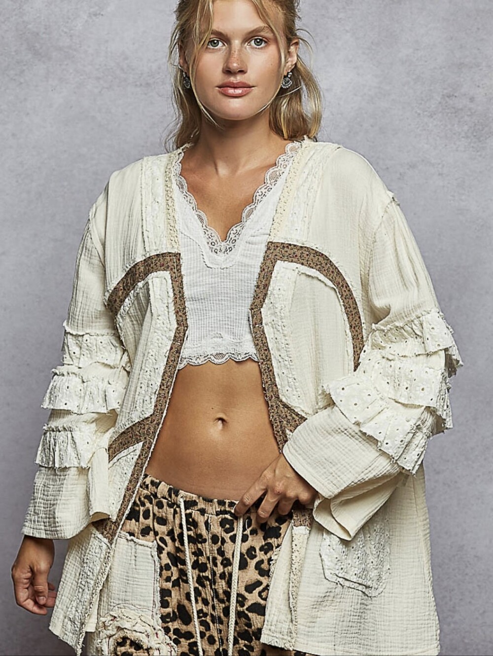 POL Peace Sign Eyelet Ruffle Sleeve Boho Gauze Cardigan Natural Style UWT525